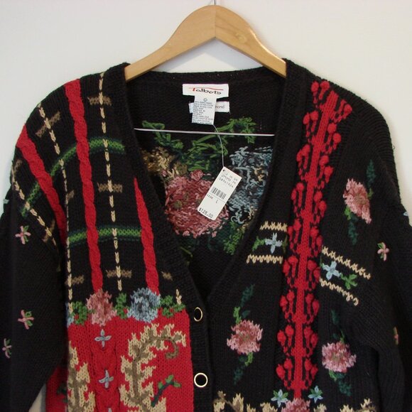 Talbots Hand Knit Chunky Cardigan Sweater Floral Tapestry Cottagecore NEW Large - Picture 2 of 16